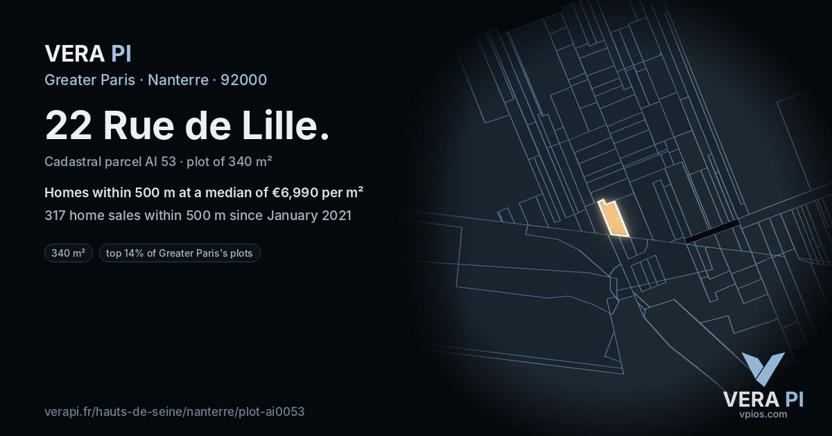 22 Rue de Lille, Nanterre at night – the plot lit, the parcels around coloured by the prices near them