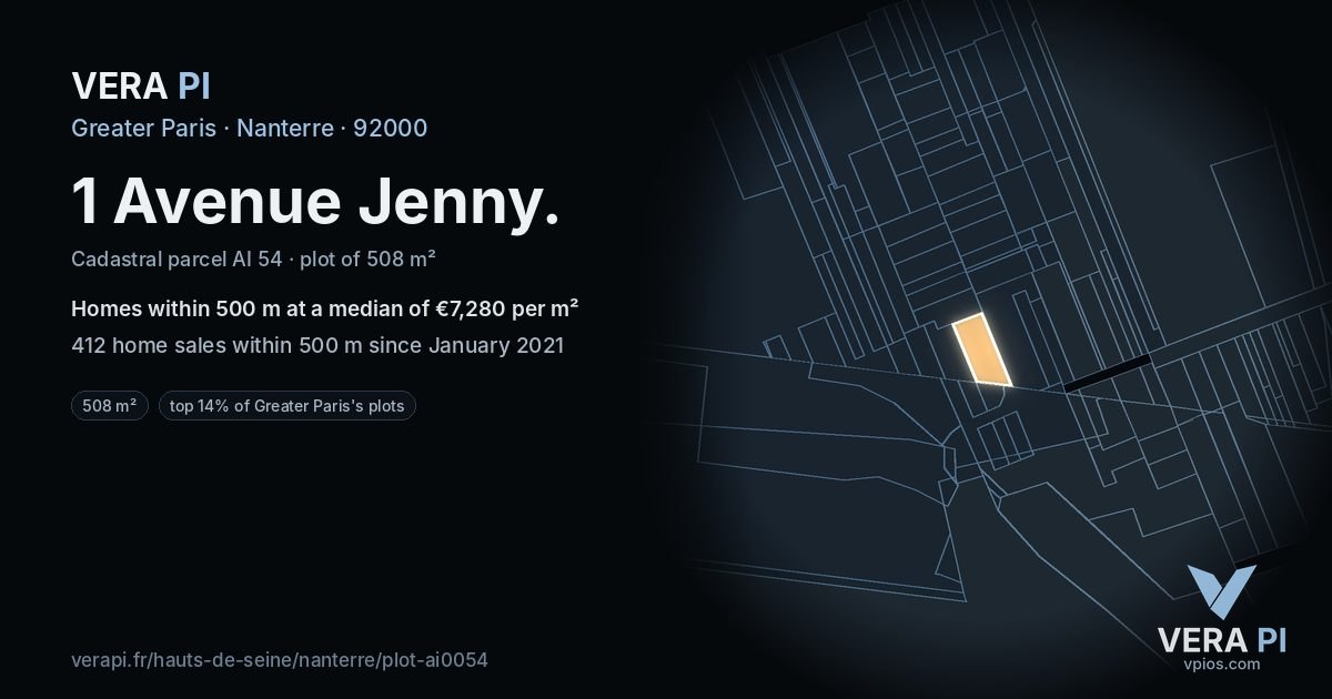 1 Avenue Jenny, Nanterre at night – the plot lit, the parcels around coloured by the prices near them