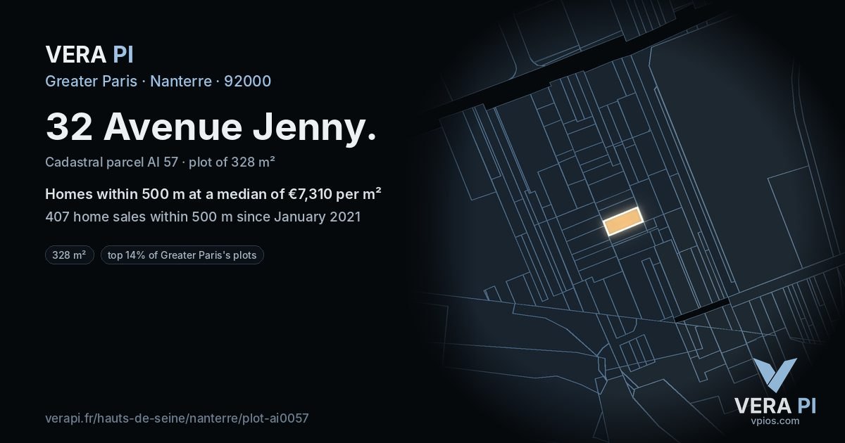 32 Avenue Jenny, Nanterre at night – the plot lit, the parcels around coloured by the prices near them