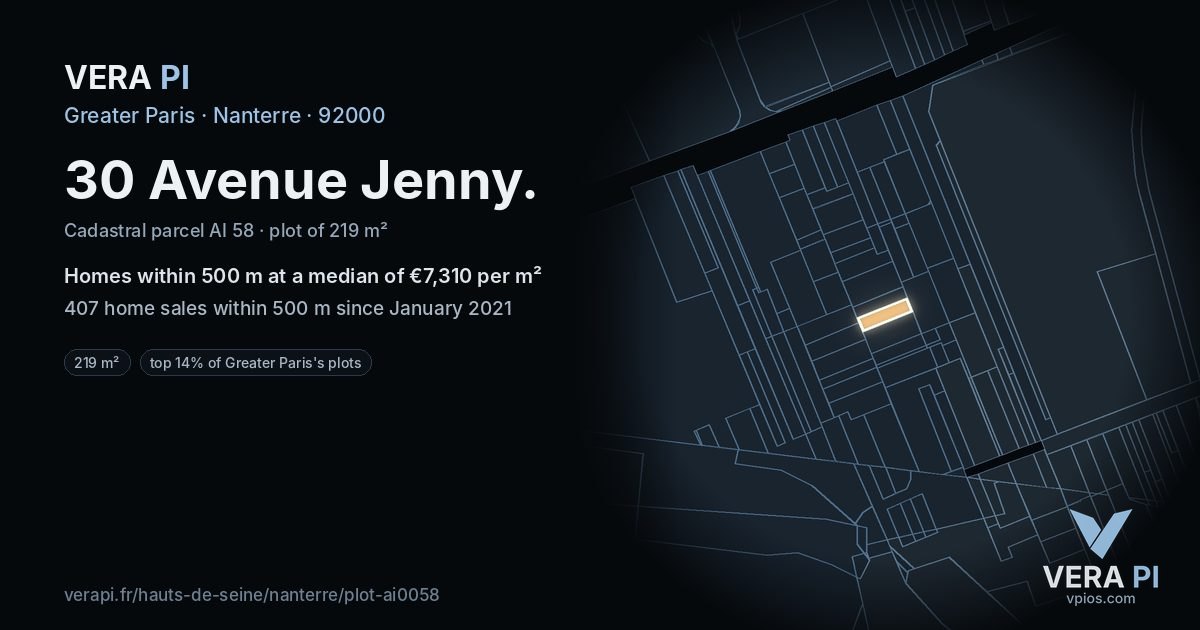 30 Avenue Jenny, Nanterre at night – the plot lit, the parcels around coloured by the prices near them