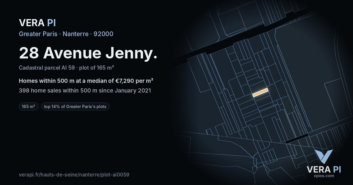 28 Avenue Jenny, Nanterre at night – the plot lit, the parcels around coloured by the prices near them