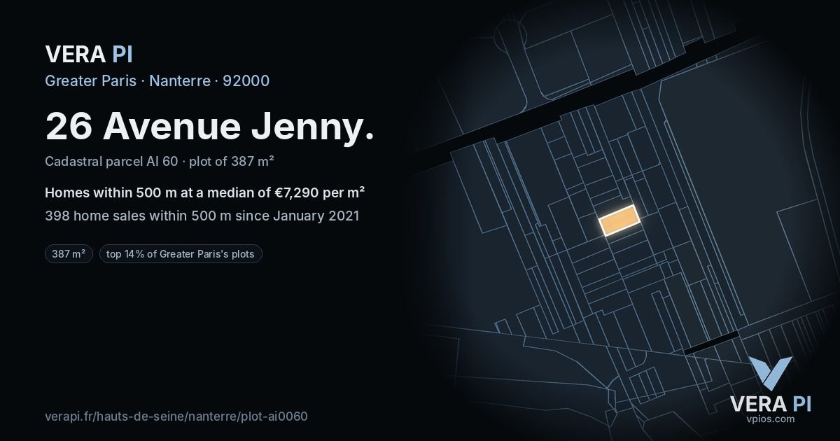 26 Avenue Jenny, Nanterre at night – the plot lit, the parcels around coloured by the prices near them
