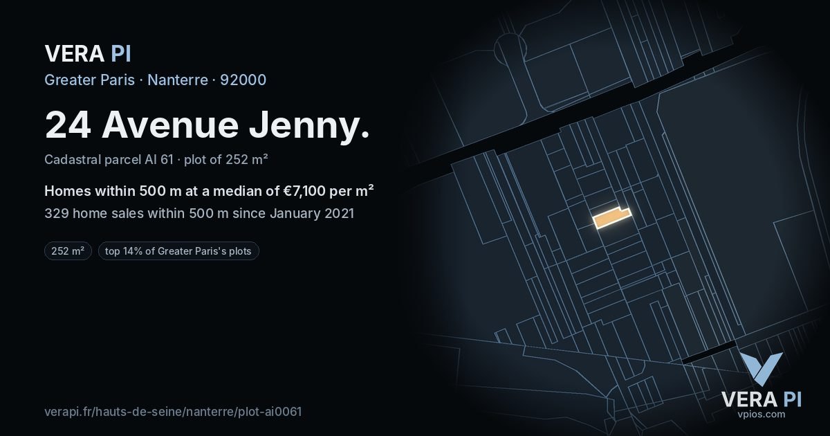 24 Avenue Jenny, Nanterre at night – the plot lit, the parcels around coloured by the prices near them