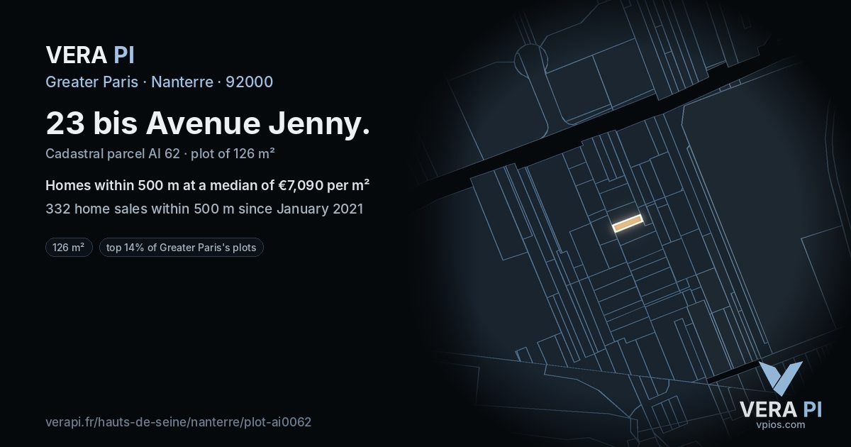 23 bis Avenue Jenny, Nanterre at night – the plot lit, the parcels around coloured by the prices near them