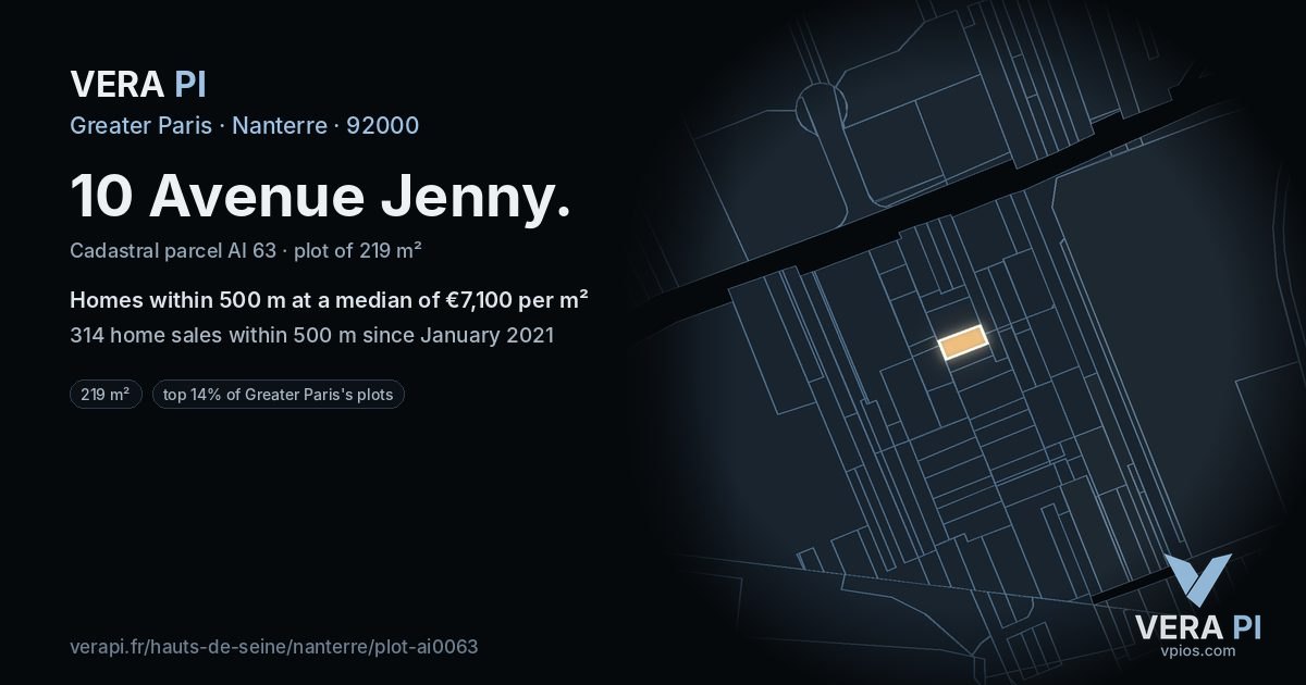 10 Avenue Jenny, Nanterre at night – the plot lit, the parcels around coloured by the prices near them
