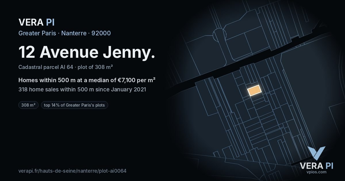 12 Avenue Jenny, Nanterre at night – the plot lit, the parcels around coloured by the prices near them