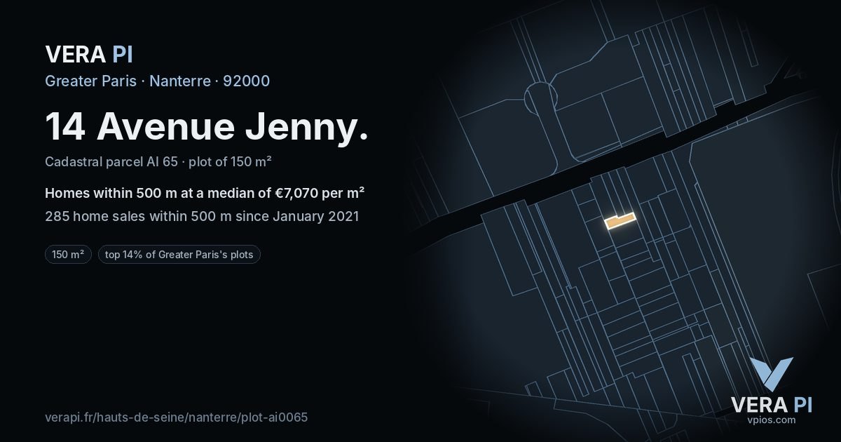 14 Avenue Jenny, Nanterre at night – the plot lit, the parcels around coloured by the prices near them