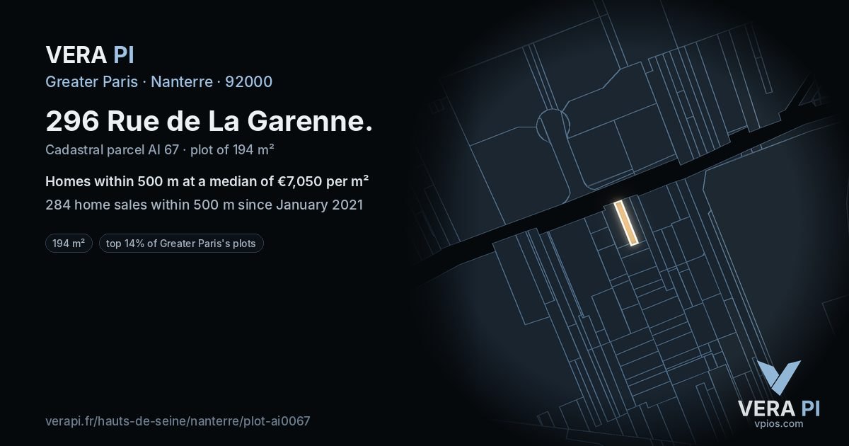 296 Rue de La Garenne, Nanterre at night – the plot lit, the parcels around coloured by the prices near them