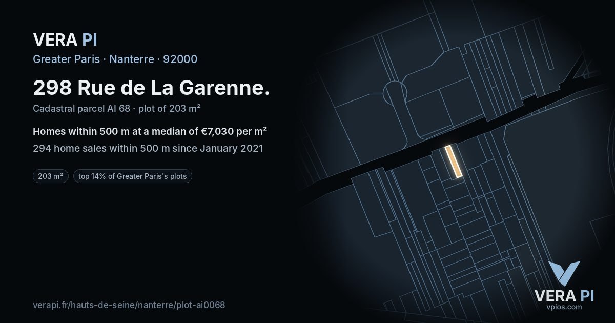 298 Rue de La Garenne, Nanterre at night – the plot lit, the parcels around coloured by the prices near them