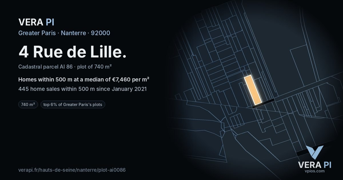 4 Rue de Lille, Nanterre at night – the plot lit, the parcels around coloured by the prices near them