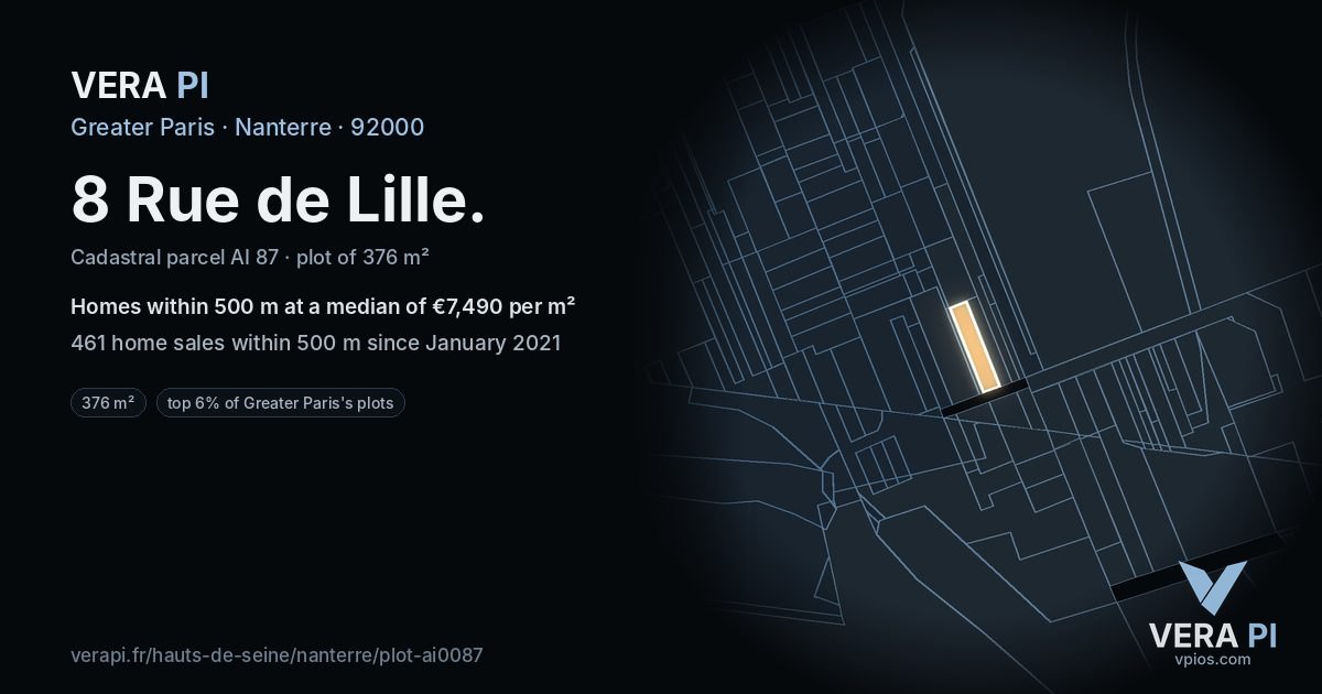 8 Rue de Lille, Nanterre at night – the plot lit, the parcels around coloured by the prices near them