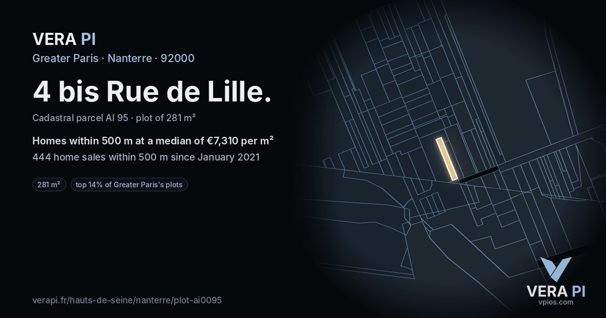 4 bis Rue de Lille, Nanterre at night – the plot lit, the parcels around coloured by the prices near them