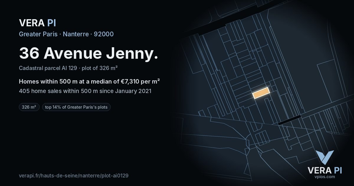 36 Avenue Jenny, Nanterre at night – the plot lit, the parcels around coloured by the prices near them