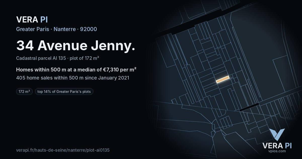 34 Avenue Jenny, Nanterre at night – the plot lit, the parcels around coloured by the prices near them