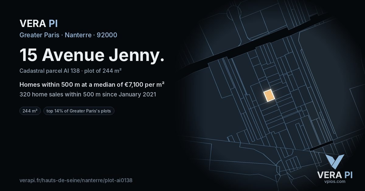 15 Avenue Jenny, Nanterre at night – the plot lit, the parcels around coloured by the prices near them