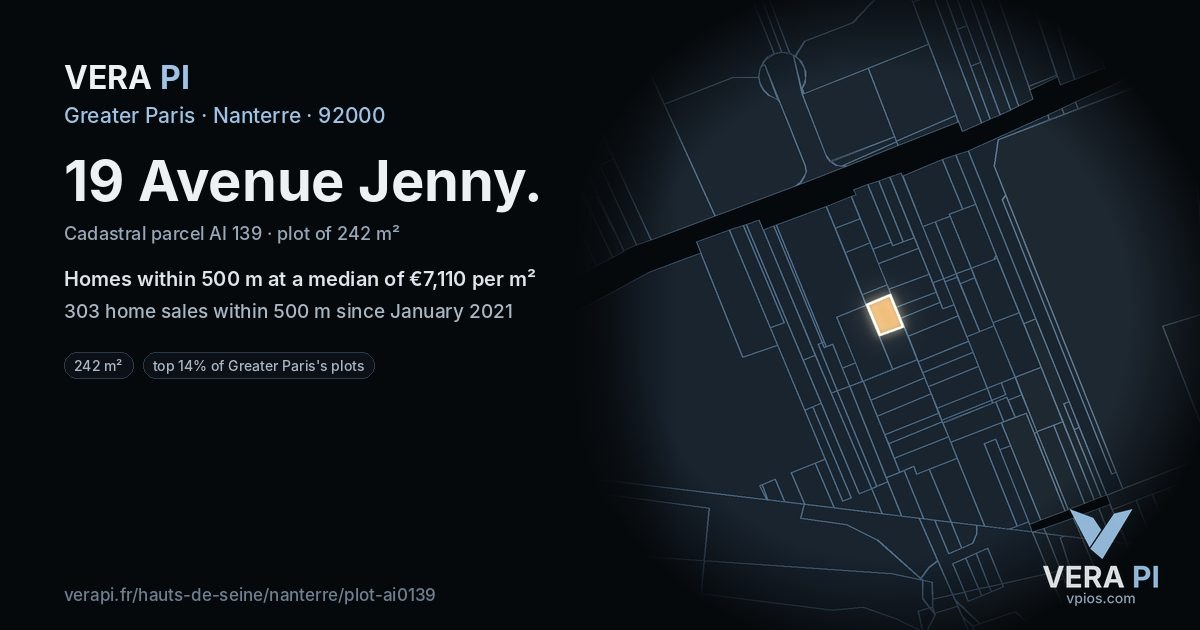 19 Avenue Jenny, Nanterre at night – the plot lit, the parcels around coloured by the prices near them