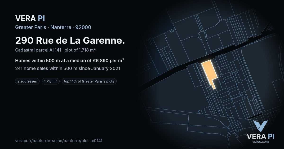 290 Rue de La Garenne, Nanterre at night – the plot lit, the parcels around coloured by the prices near them
