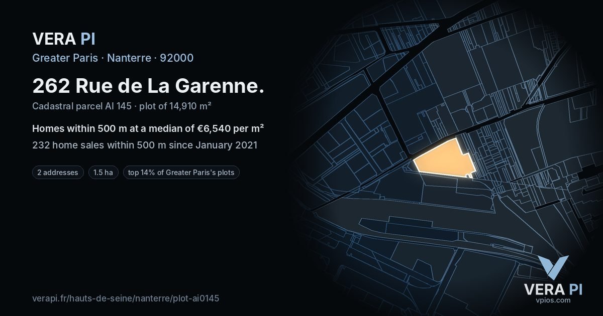 262 Rue de La Garenne, Nanterre at night – the plot lit, the parcels around coloured by the prices near them