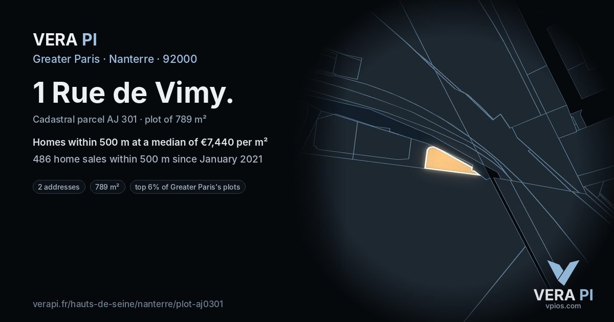 1 Rue de Vimy, Nanterre at night – the plot lit, the parcels around coloured by the prices near them