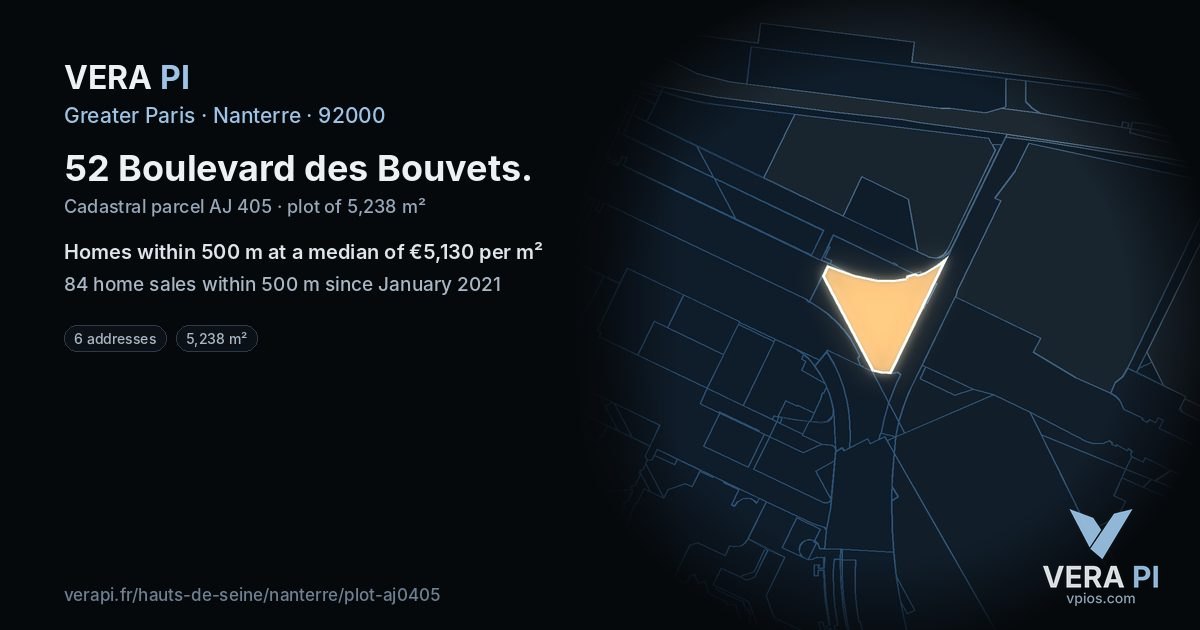 52 Boulevard des Bouvets, Nanterre at night – the plot lit, the parcels around coloured by the prices near them