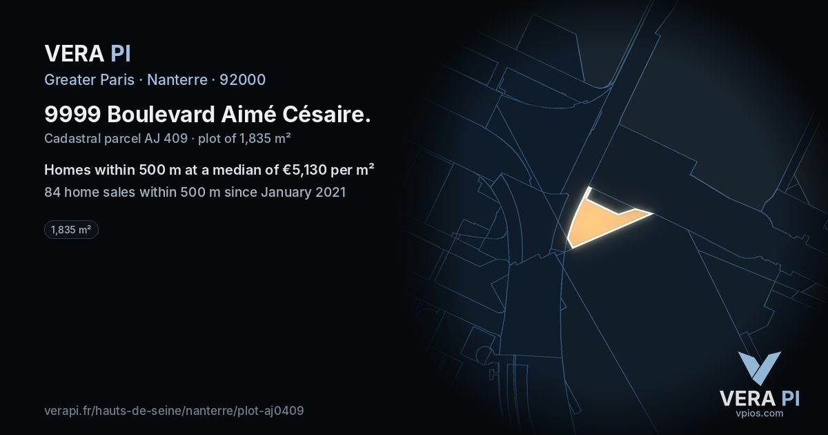 9999 Boulevard Aimé Césaire, Nanterre at night – the plot lit, the parcels around coloured by the prices near them
