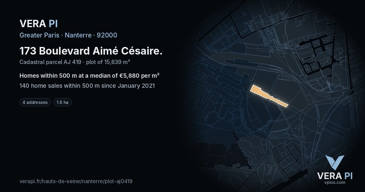 173 Boulevard Aimé Césaire, Nanterre at night – the plot lit, the parcels around coloured by the prices near them