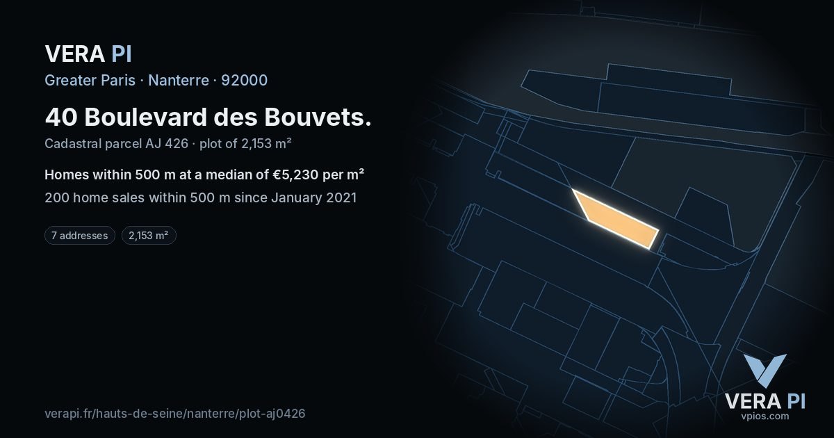 40 Boulevard des Bouvets, Nanterre at night – the plot lit, the parcels around coloured by the prices near them