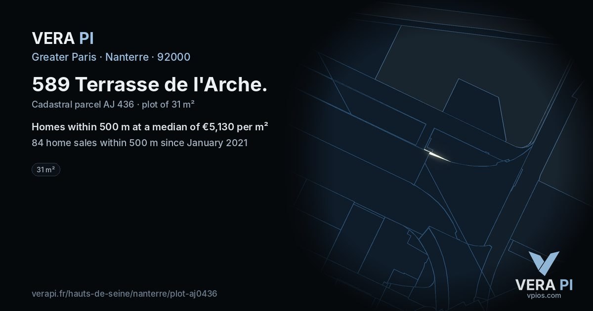 589 Terrasse de l'Arche, Nanterre at night – the plot lit, the parcels around coloured by the prices near them