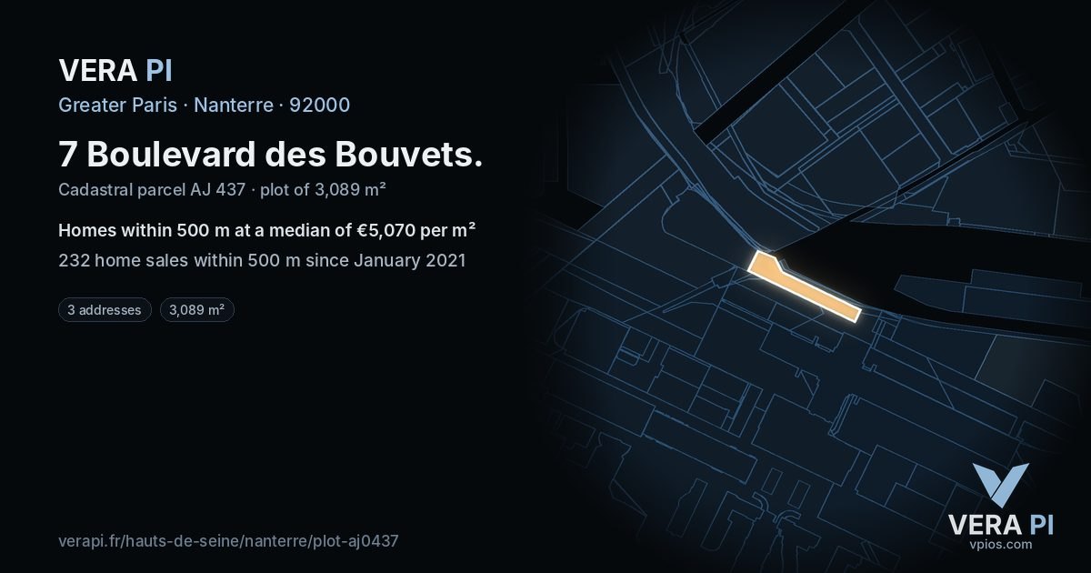7 Boulevard des Bouvets, Nanterre at night – the plot lit, the parcels around coloured by the prices near them