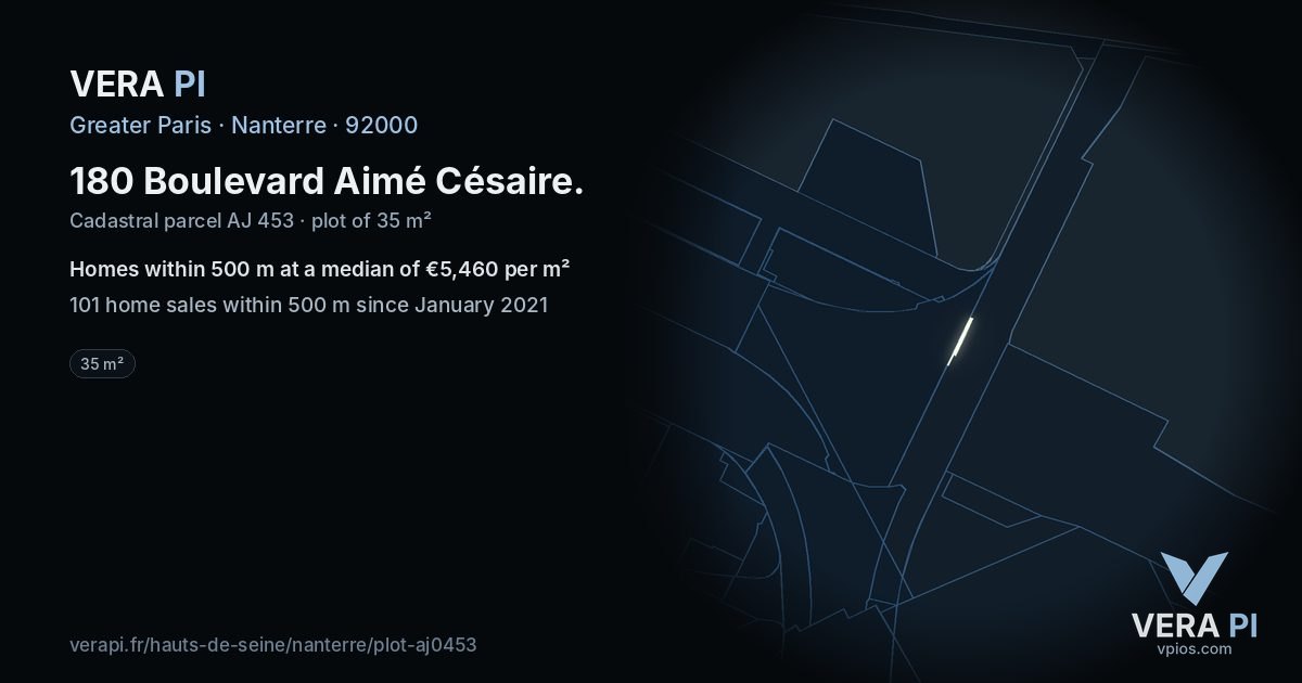 180 Boulevard Aimé Césaire, Nanterre at night – the plot lit, the parcels around coloured by the prices near them