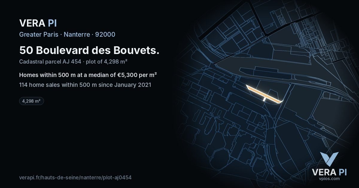 50 Boulevard des Bouvets, Nanterre at night – the plot lit, the parcels around coloured by the prices near them