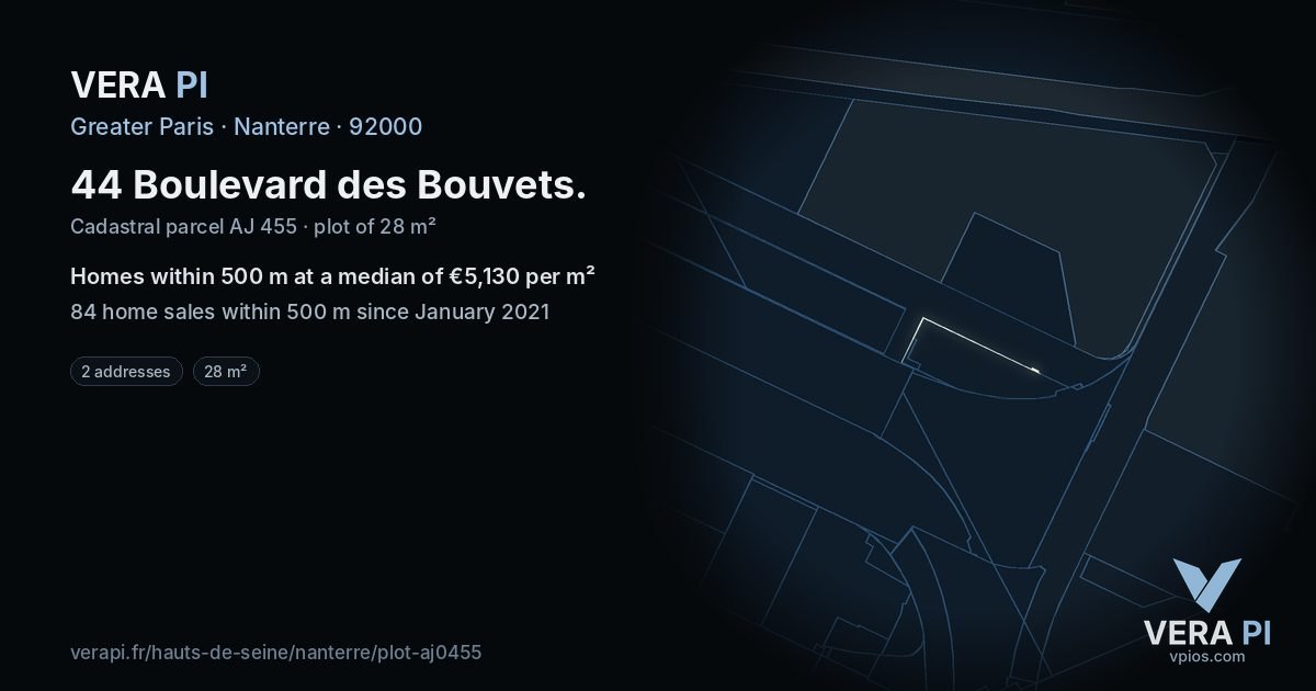 44 Boulevard des Bouvets, Nanterre at night – the plot lit, the parcels around coloured by the prices near them