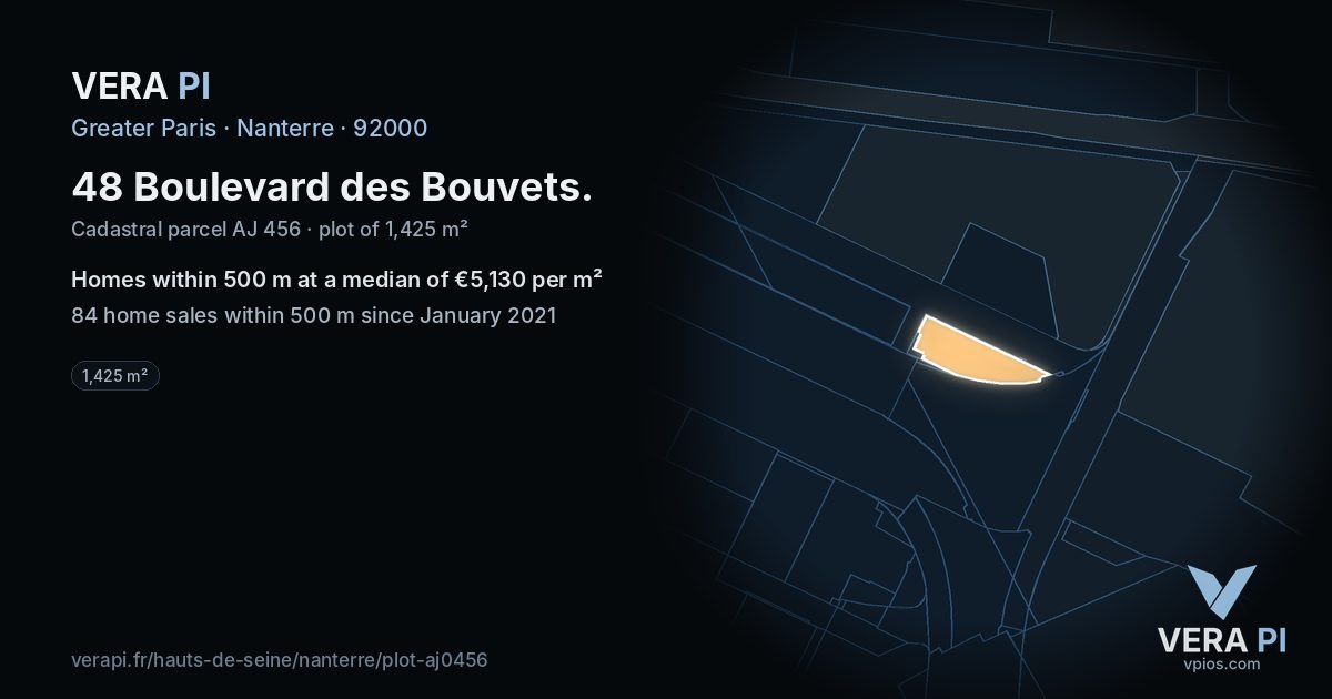 48 Boulevard des Bouvets, Nanterre at night – the plot lit, the parcels around coloured by the prices near them