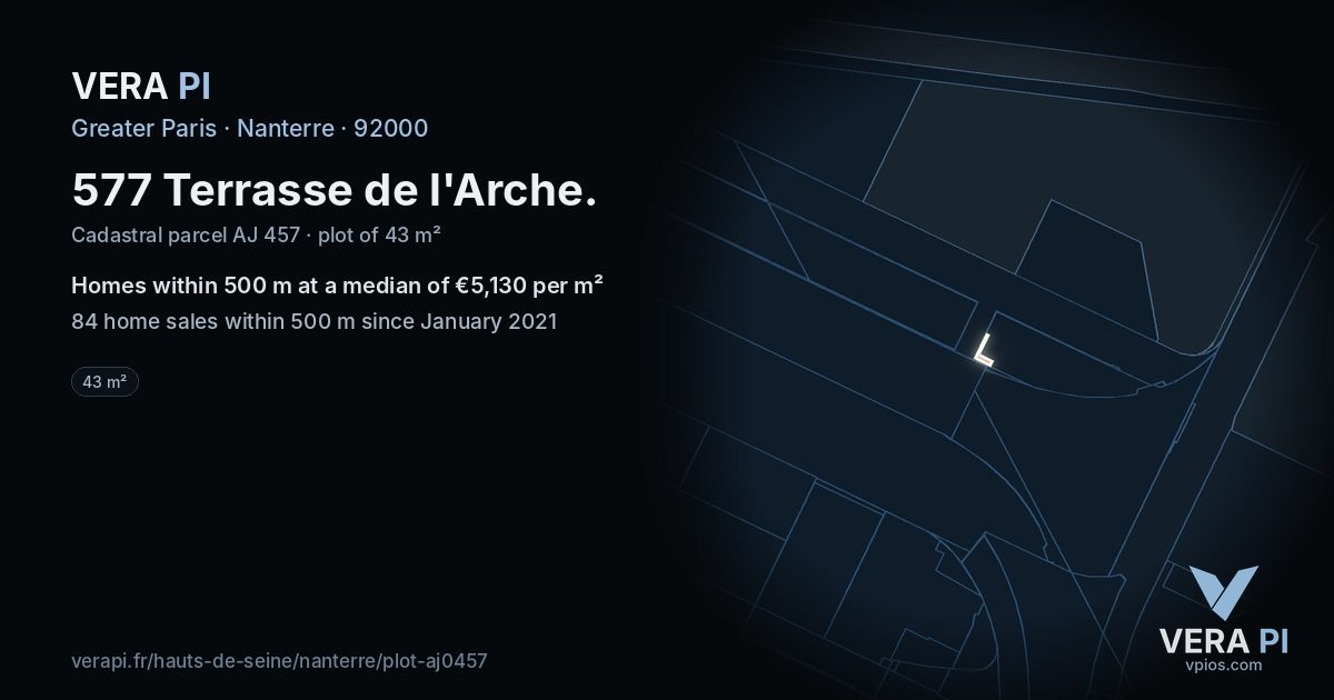 577 Terrasse de l'Arche, Nanterre at night – the plot lit, the parcels around coloured by the prices near them