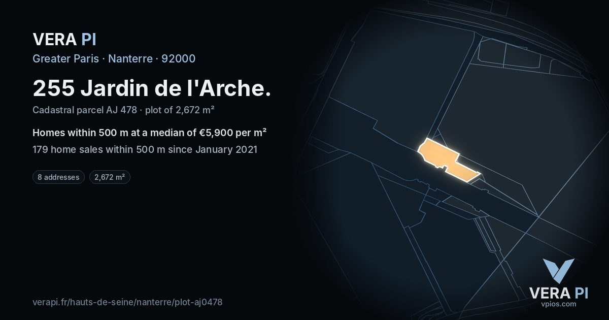 255 Jardin de l'Arche, Nanterre at night – the plot lit, the parcels around coloured by the prices near them