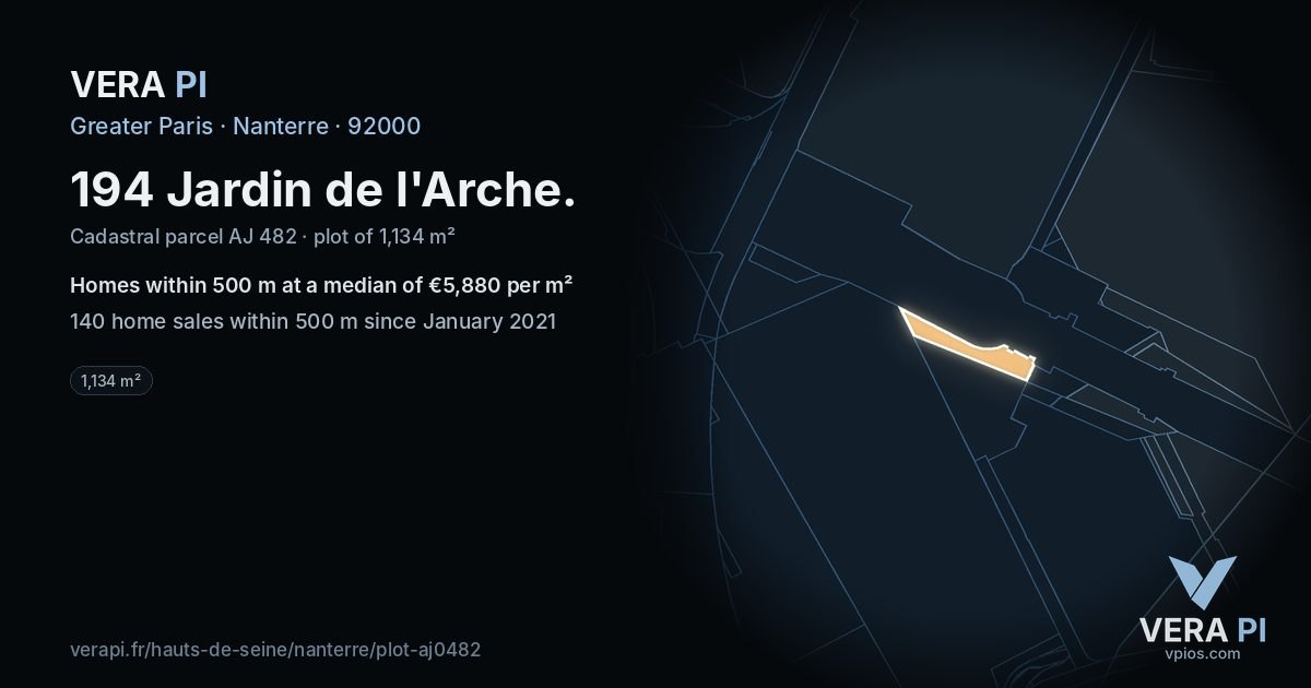 194 Jardin de l'Arche, Nanterre at night – the plot lit, the parcels around coloured by the prices near them