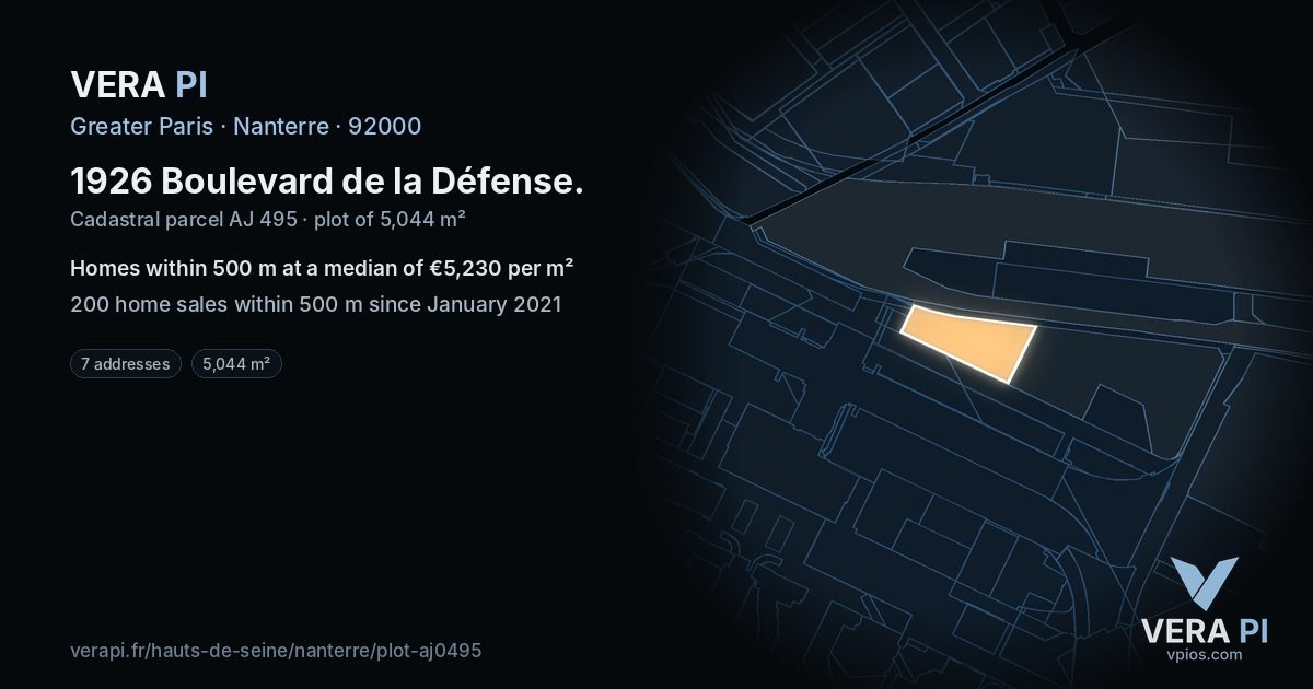 1926 Boulevard de la Défense, Nanterre at night – the plot lit, the parcels around coloured by the prices near them