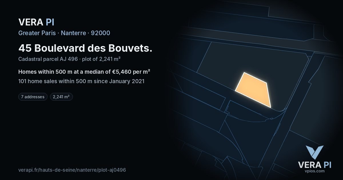 45 Boulevard des Bouvets, Nanterre at night – the plot lit, the parcels around coloured by the prices near them