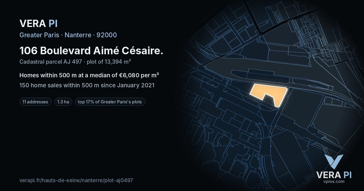 106 Boulevard Aimé Césaire, Nanterre at night – the plot lit, the parcels around coloured by the prices near them