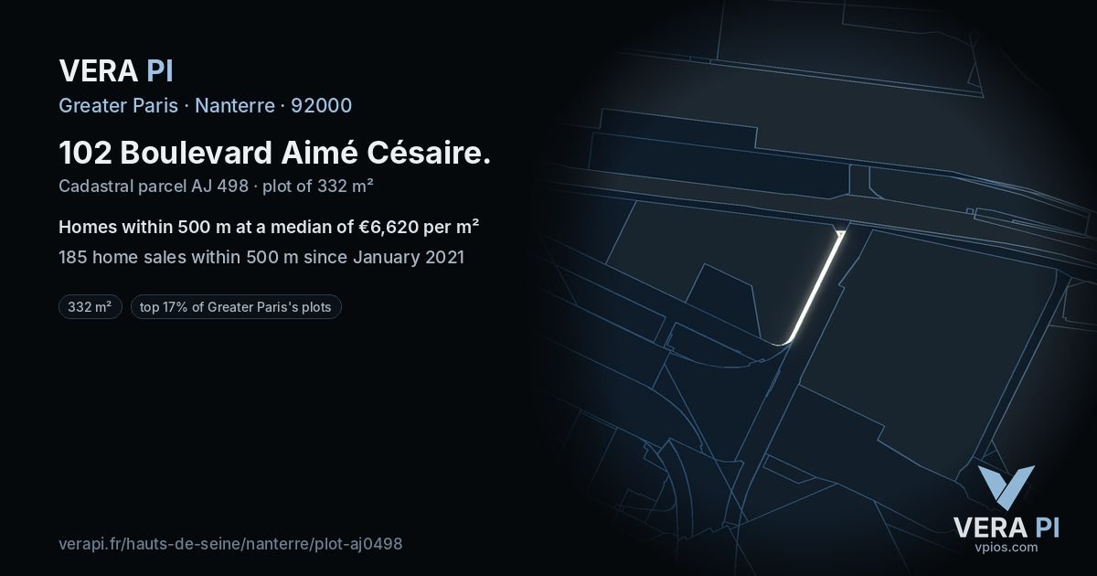 102 Boulevard Aimé Césaire, Nanterre at night – the plot lit, the parcels around coloured by the prices near them