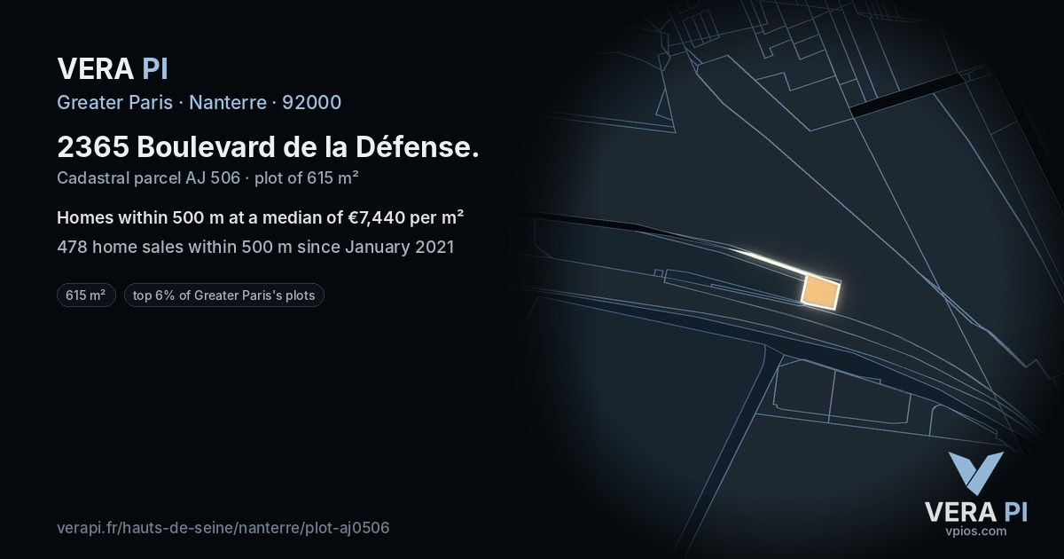 2365 Boulevard de la Défense, Nanterre at night – the plot lit, the parcels around coloured by the prices near them
