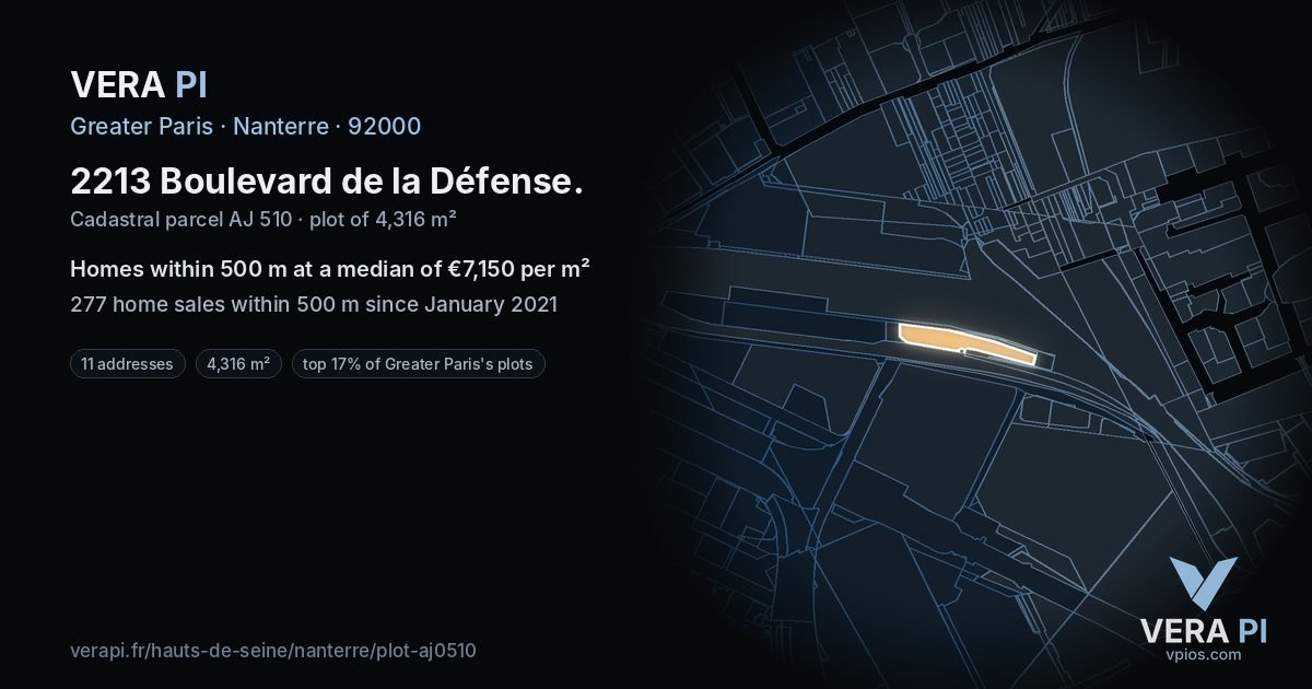 2213 Boulevard de la Défense, Nanterre at night – the plot lit, the parcels around coloured by the prices near them