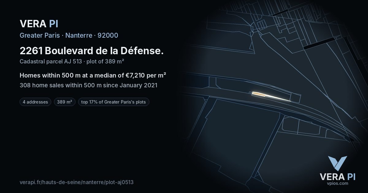 2261 Boulevard de la Défense, Nanterre at night – the plot lit, the parcels around coloured by the prices near them
