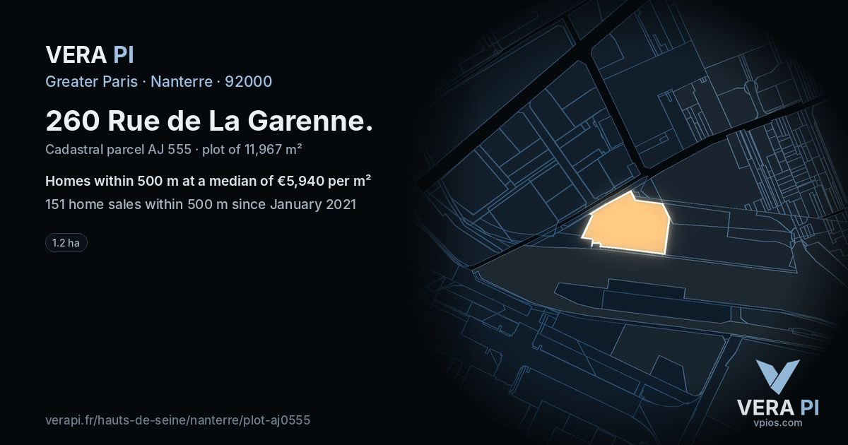 260 Rue de La Garenne, Nanterre at night – the plot lit, the parcels around coloured by the prices near them