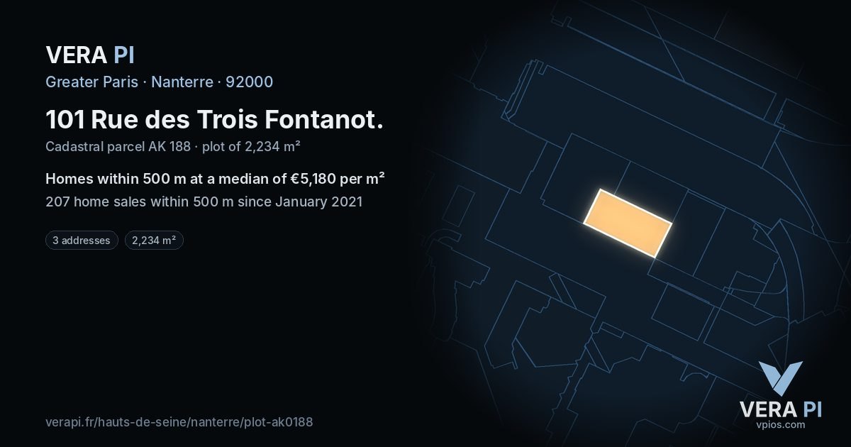 101 Rue des Trois Fontanot, Nanterre at night – the plot lit, the parcels around coloured by the prices near them