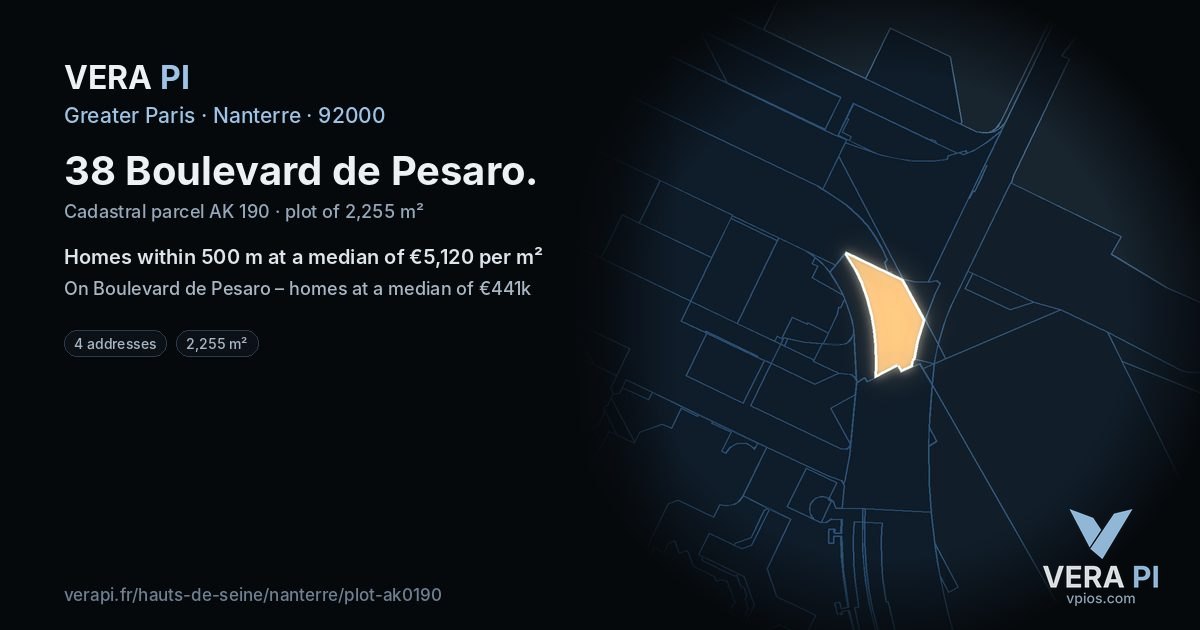 38 Boulevard de Pesaro, Nanterre at night – the plot lit, the parcels around coloured by the prices near them