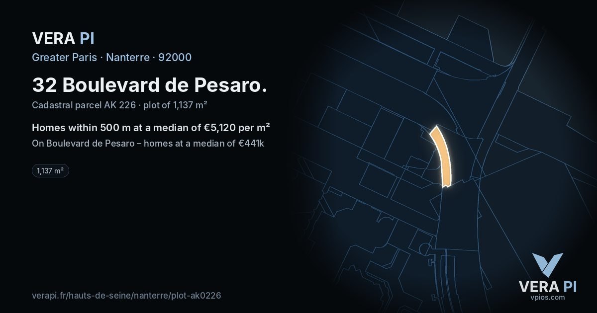 32 Boulevard de Pesaro, Nanterre at night – the plot lit, the parcels around coloured by the prices near them