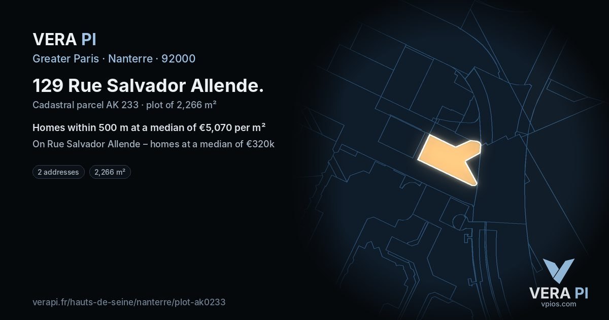 129 Rue Salvador Allende, Nanterre at night – the plot lit, the parcels around coloured by the prices near them