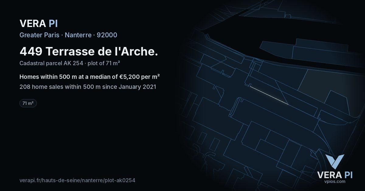449 Terrasse de l'Arche, Nanterre at night – the plot lit, the parcels around coloured by the prices near them