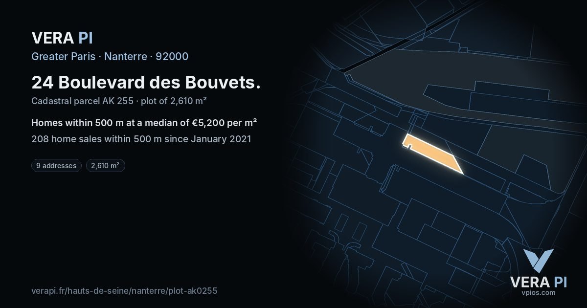 24 Boulevard des Bouvets, Nanterre at night – the plot lit, the parcels around coloured by the prices near them